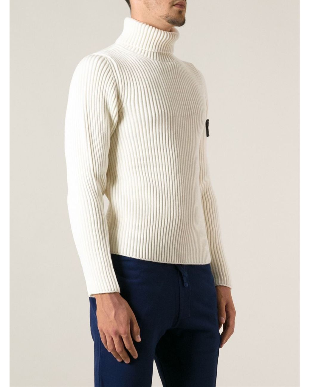 for Men Stone Island Wool Logo Patched Turtleneck Ribbed Pullover in Natural Mens Clothing Sweaters and knitwear Turtlenecks Save 22% White 