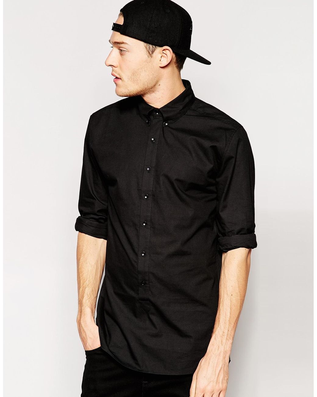 Standard Issue Exclusive Longline Button Down Shirt in Black for Men | Lyst  Canada