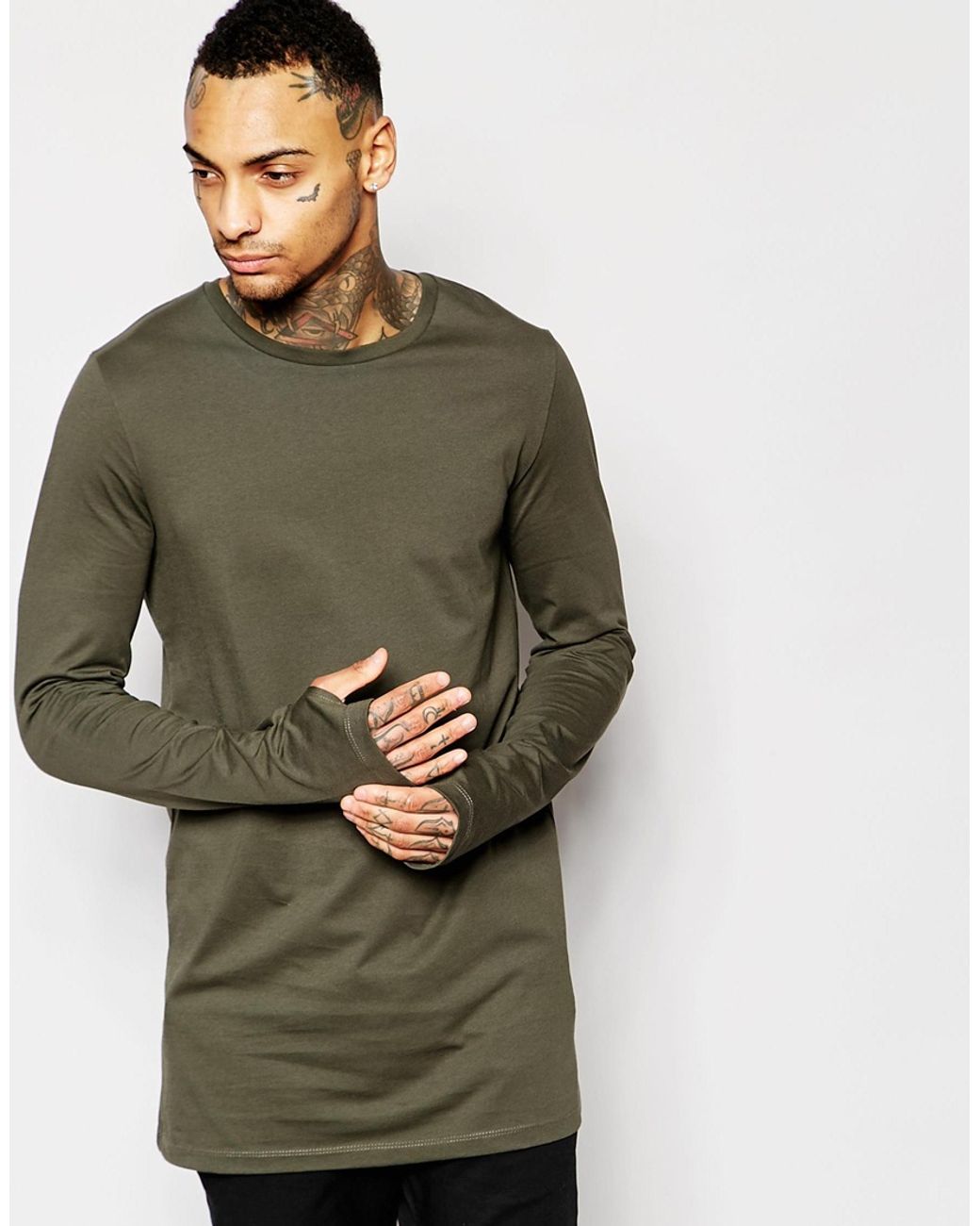 ASOS Longline Long Sleeve T-shirts With Thumbholes In Khaki in Green for  Men | Lyst