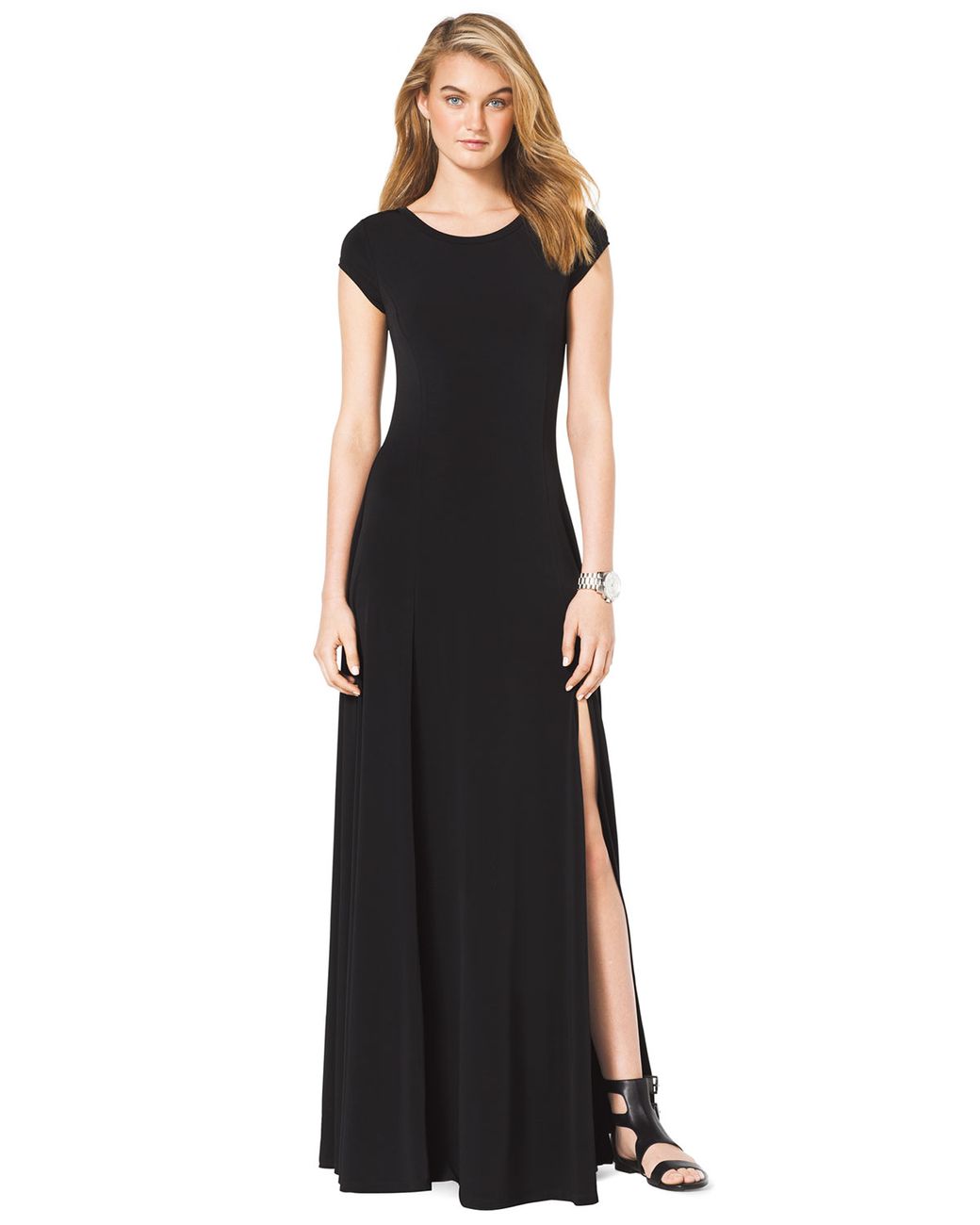 Michael Kors Cap Sleeve Slit Maxi Dress in Black | Lyst