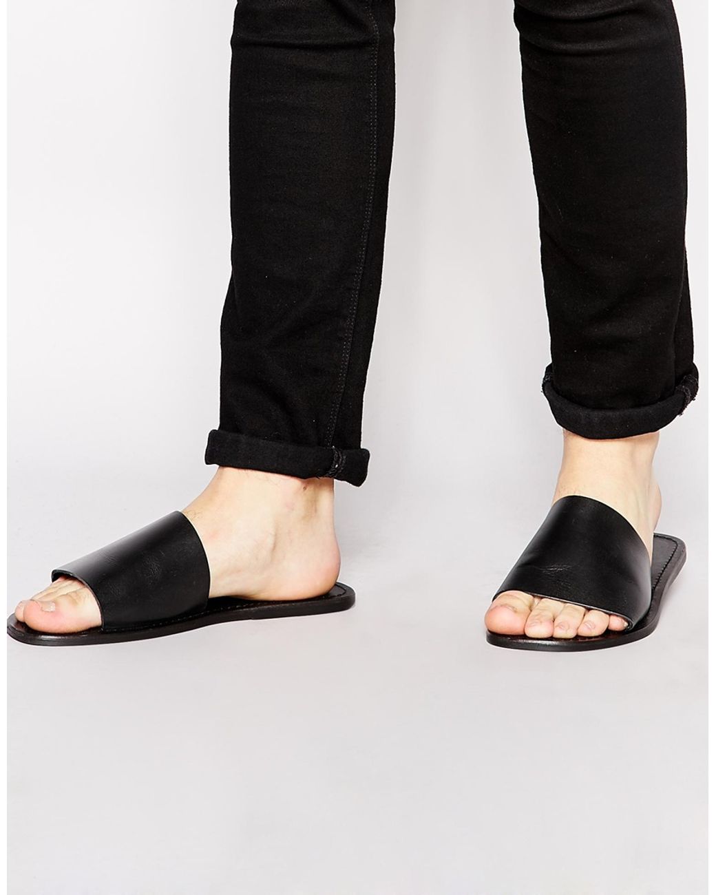 ASOS Slide Sandals In Leather in Black for Men | Lyst