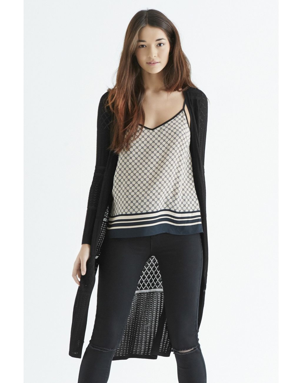 Oasis Long Pointelle Cardigan in Black 