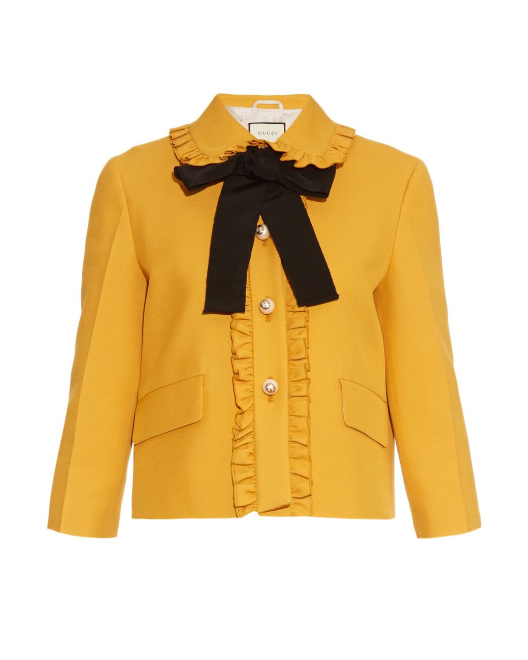 Gucci Ruffled Trim Silk and Wool Blend Jacket in Yellow Lyst