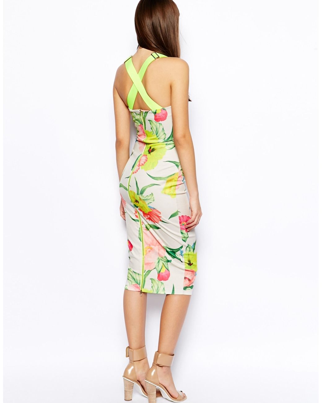 Ted Baker Taylar Midi Dress in Floral Print with Fluro Straps | Lyst