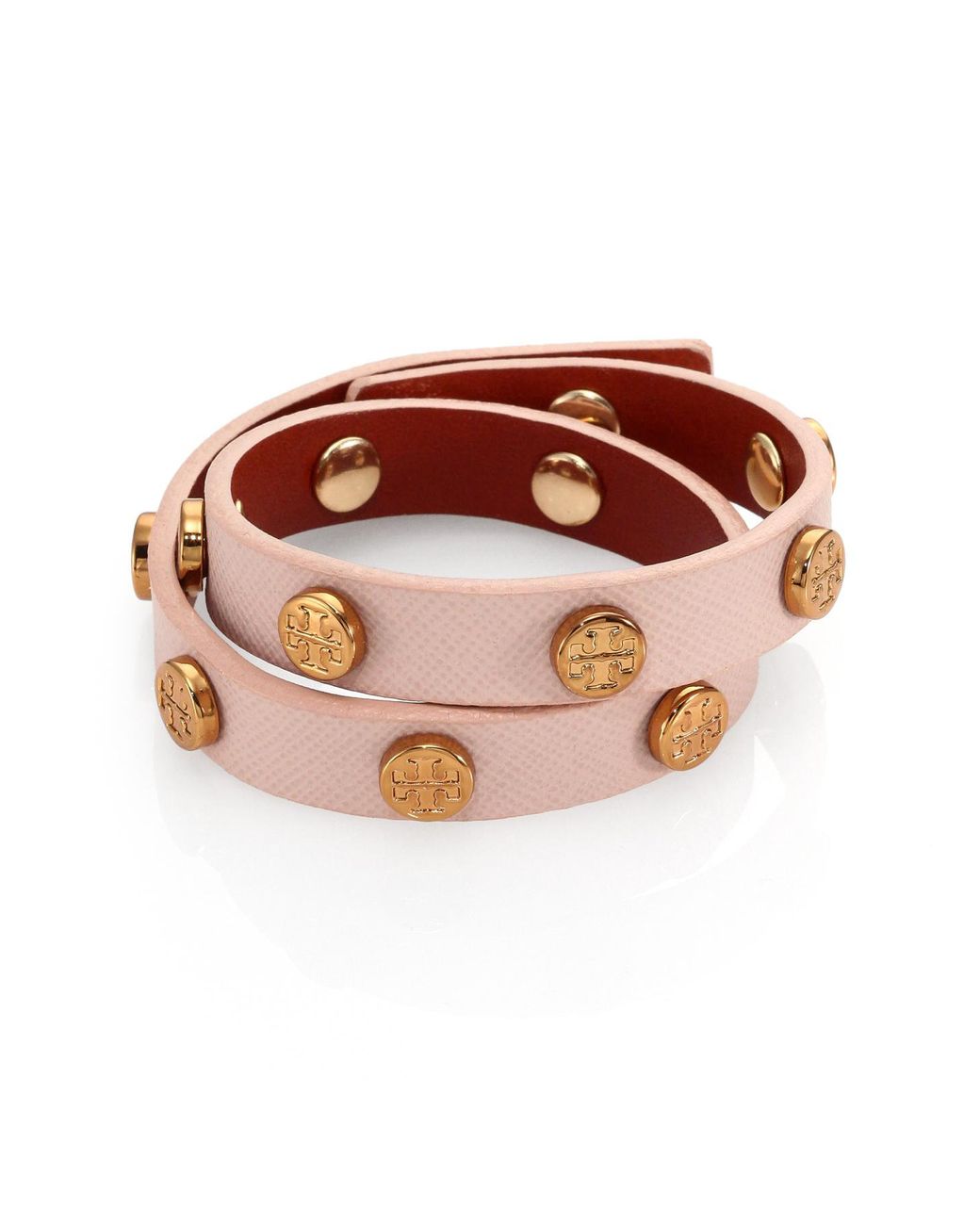 Tory Burch Logo Stud Saffiano Leather Double-wrap Bracelet in Pink | Lyst