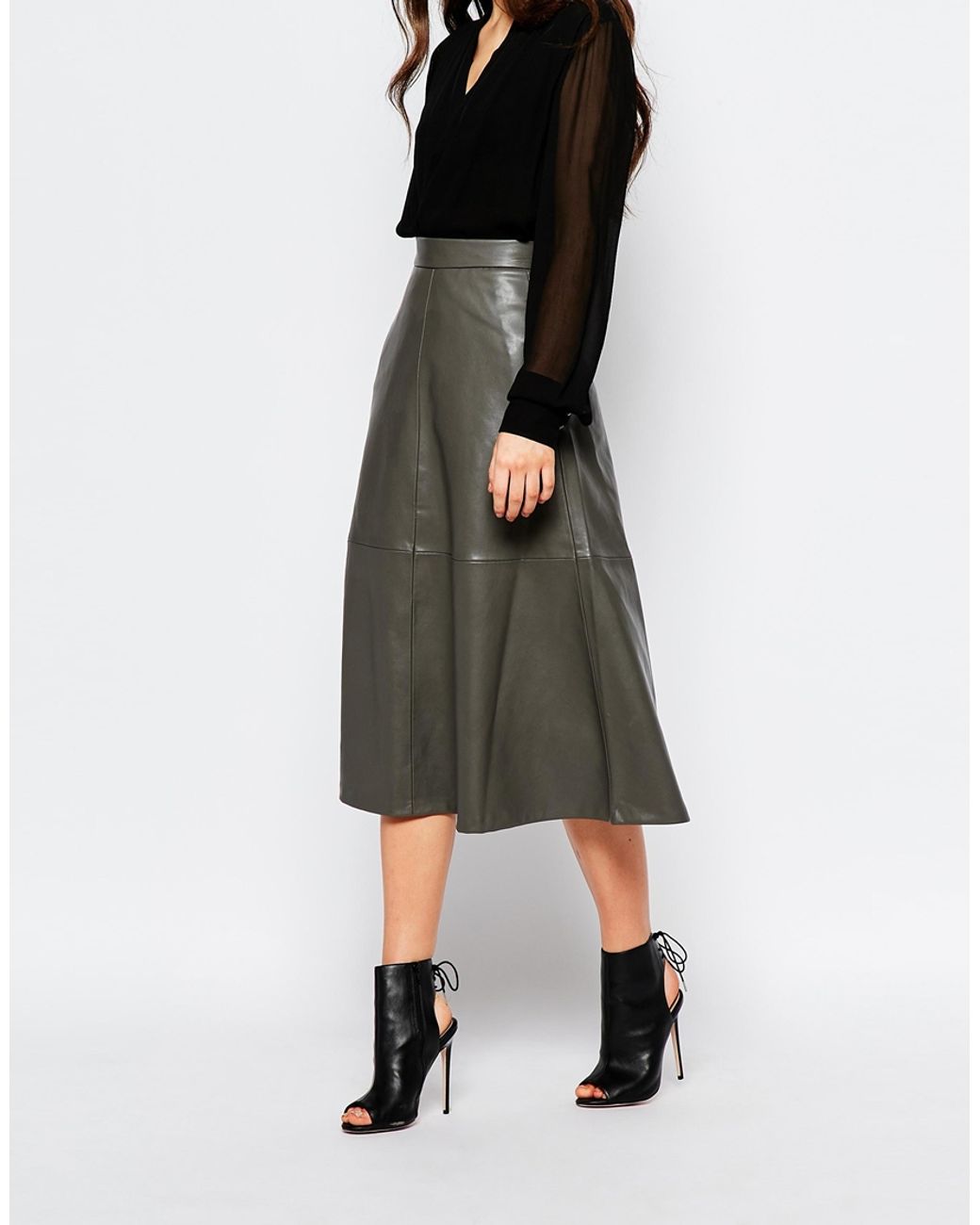 Mango A Line Midi Faux Leather Skirt in Gray | Lyst
