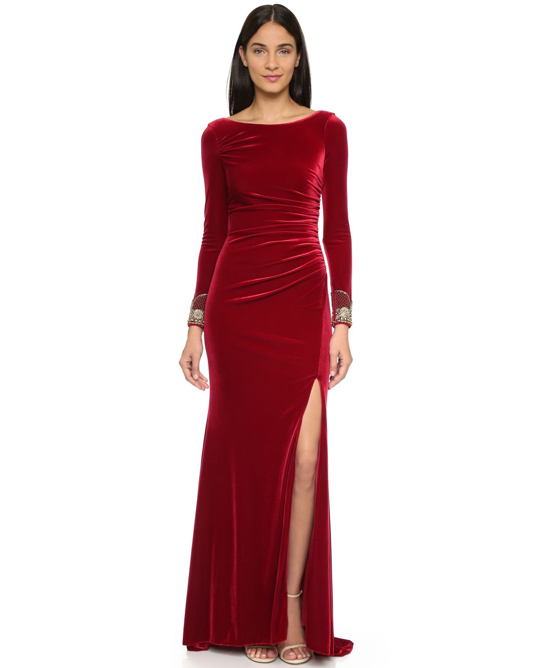 Badgley Mischka Velvet Long Sleeve Dress - Crimson in Red | Lyst