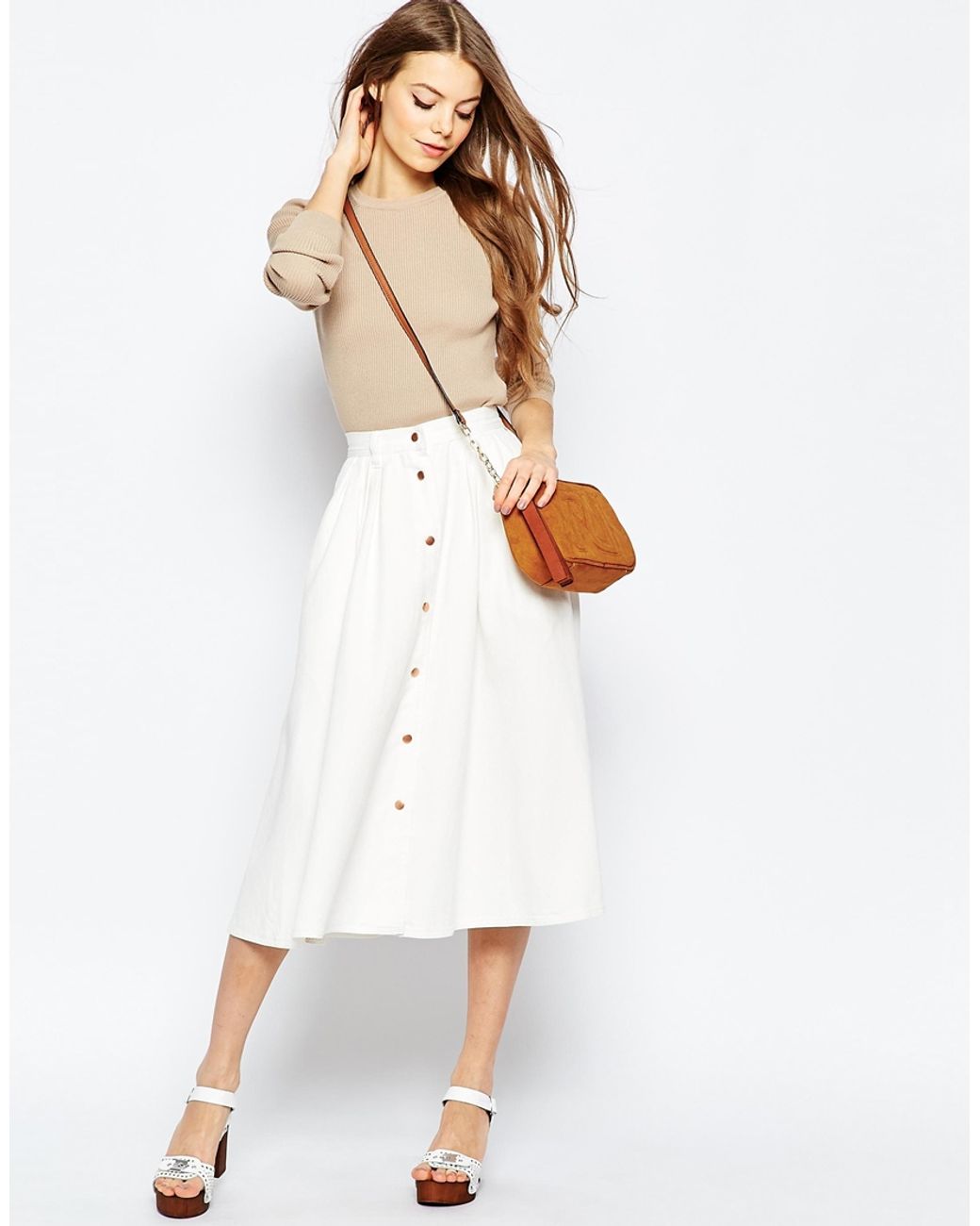 ASOS Denim High Waisted Button Through Midi Skirt In White | Lyst