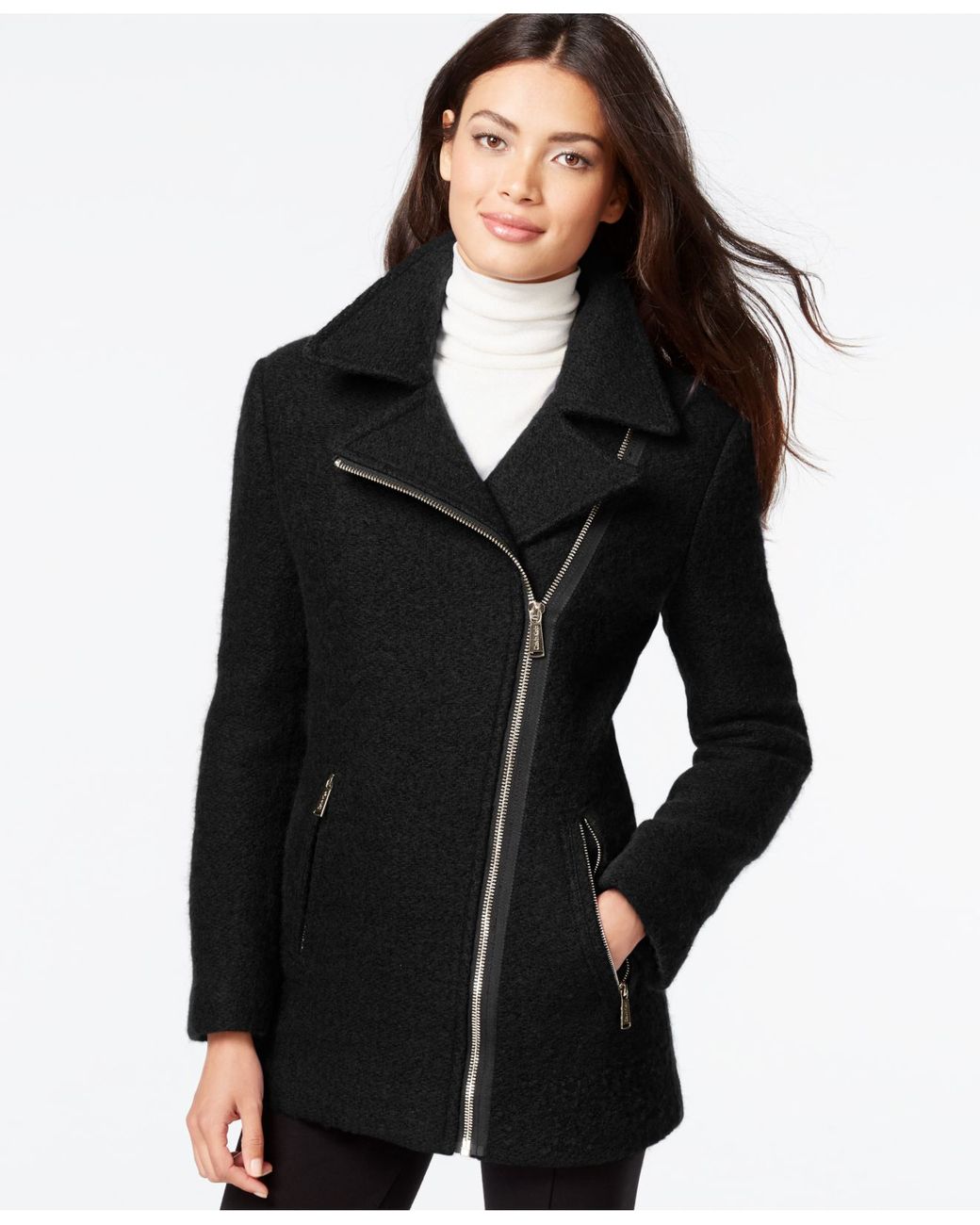 Calvin Klein Asymmetrical-zip Wool Coat in Black | Lyst
