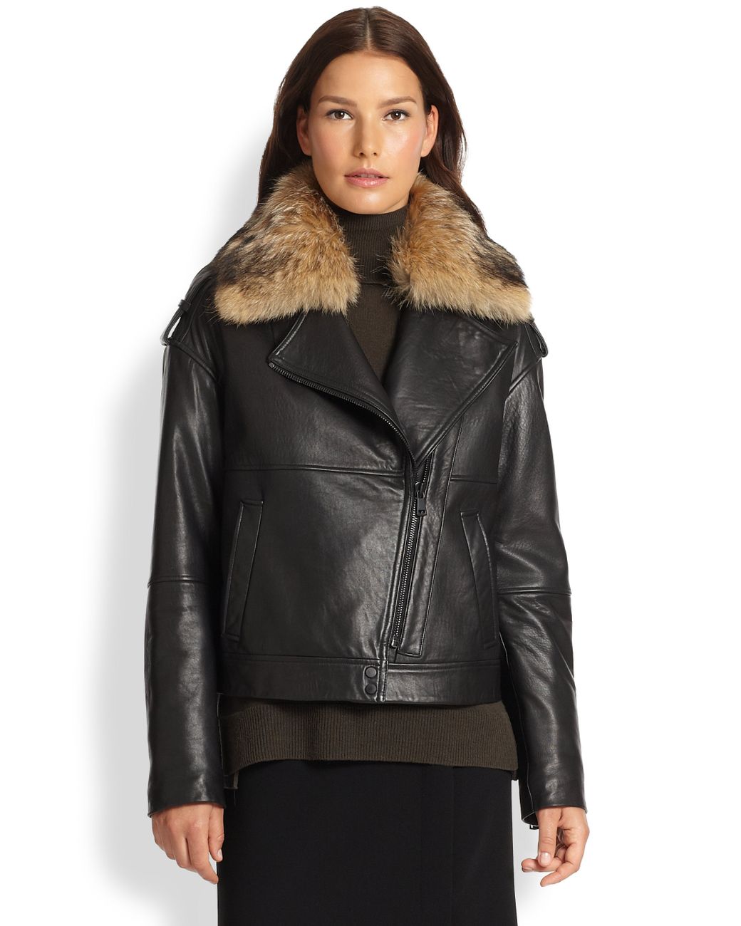 Vince Coyote Fur Collar Leather Jacket in Black | Lyst