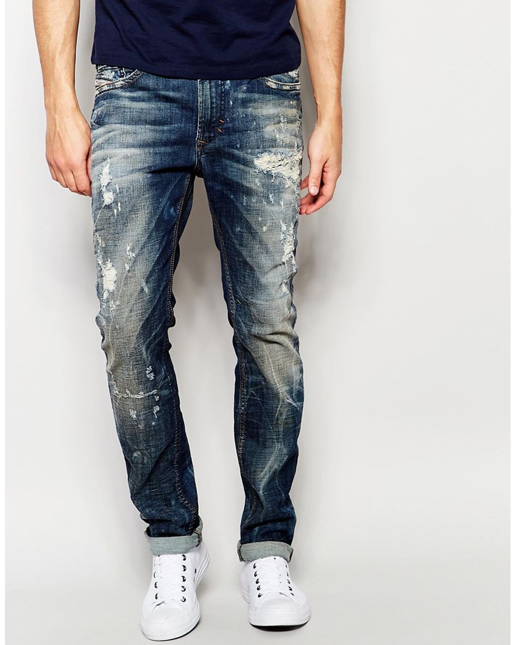 DIESEL Jeans Thavar 830k Dna Slim Fit Stretch Extreme Rips Bleach in Blue  for Men | Lyst