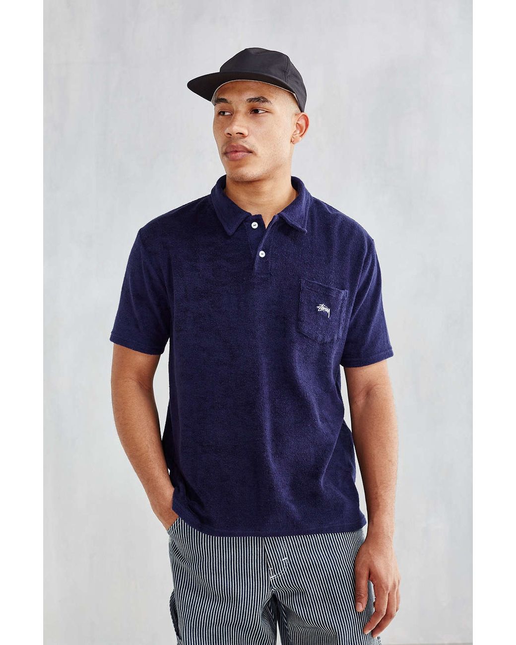 Stussy Men's Blue Terry Fleece Polo Shirt
