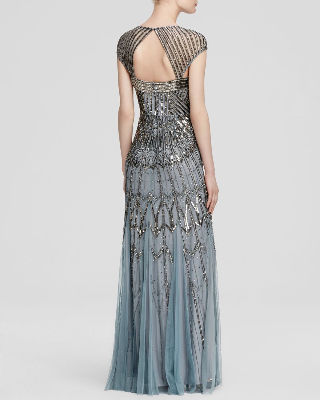 Adrianna Papell Gown - Square Neck Cap Sleeve Open Back Beaded in Slate  (Gray) | Lyst