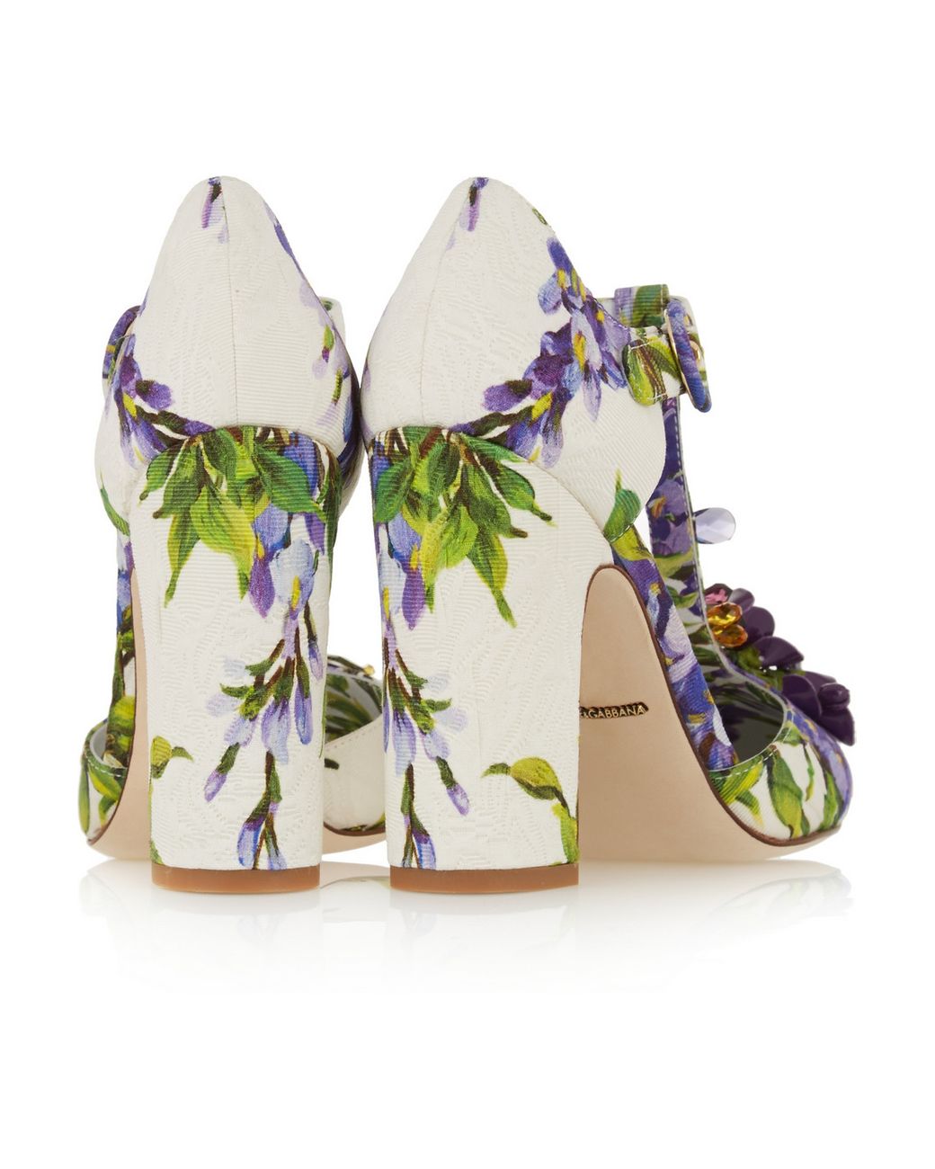 Dolce Gabbana Embellished Floral Print Brocade T Bar Pumps in
