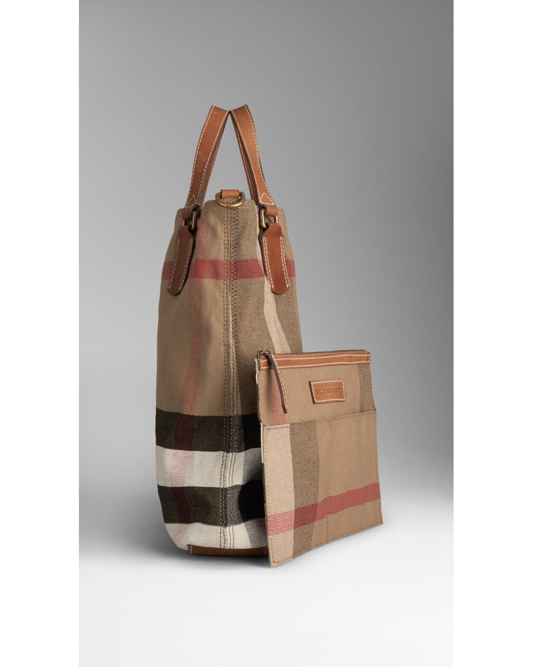 Burberry Medium Canvas Check Tote Bag in Brown | Lyst