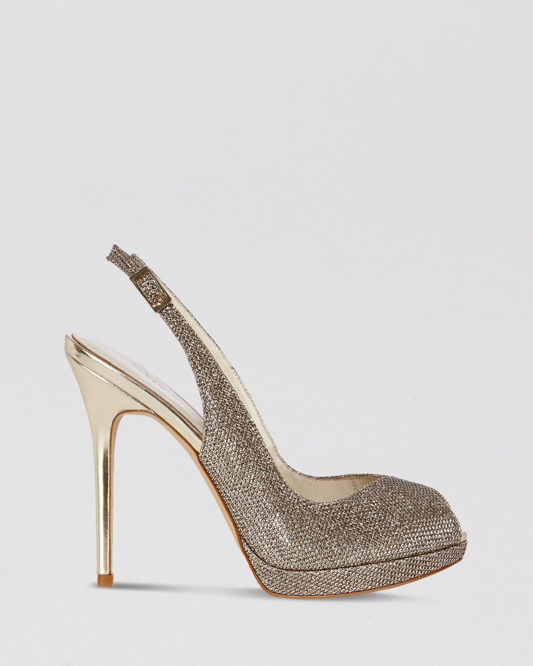 Karen Millen Peep Toe Platform Evening Slingback Sandals - Glitter High Heel in Gold (Metallic 