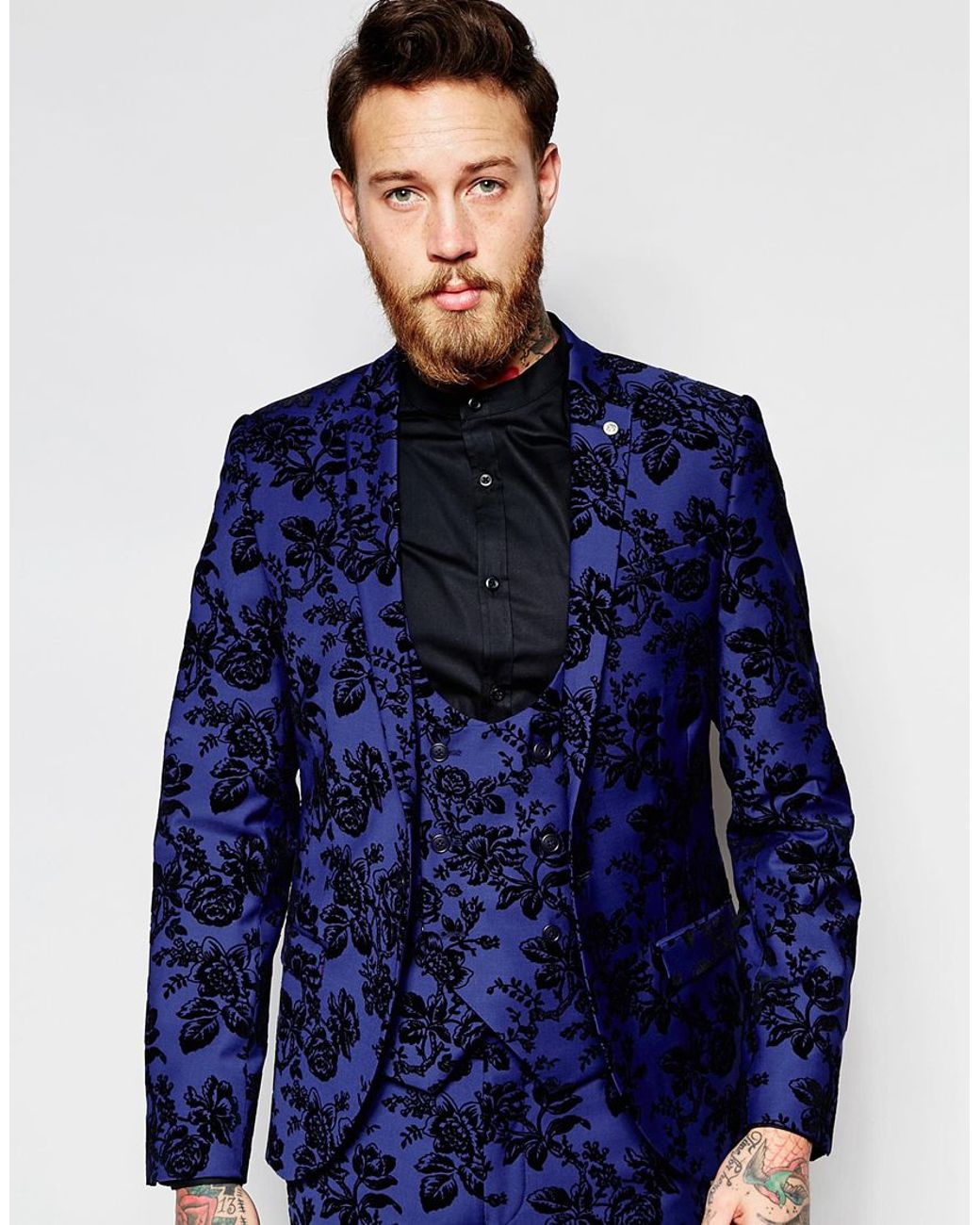 Noose And Monkey Suit Jacket With Stretch And Floral Flocking In Super ...