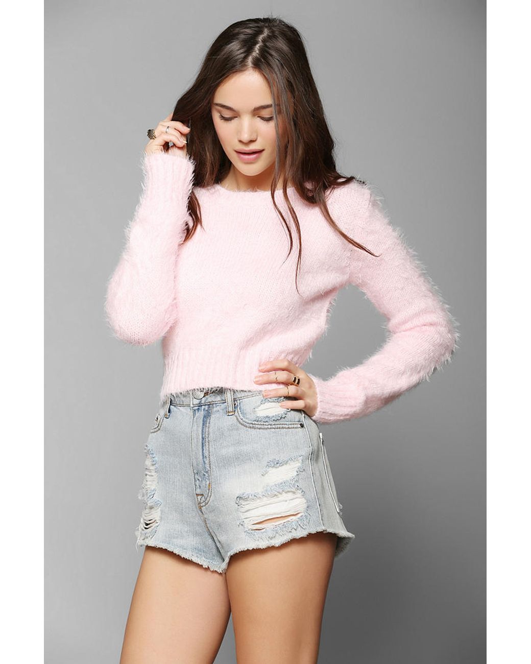 Glamorous Fuzzy Cropped Sweater in Pink | Lyst Canada