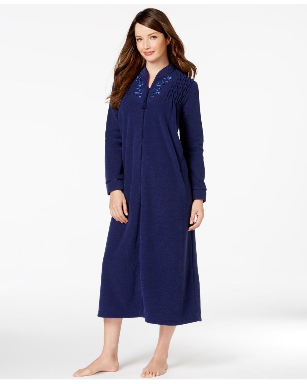 Miss Elaine Brushed Back Terry Long Zip-up Robe in Blue | Lyst
