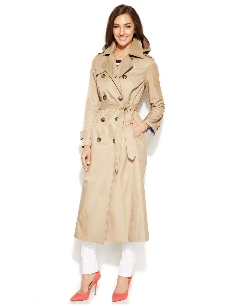 London Fog Hooded Double-Breasted Maxi Trench Coat in Natural | Lyst