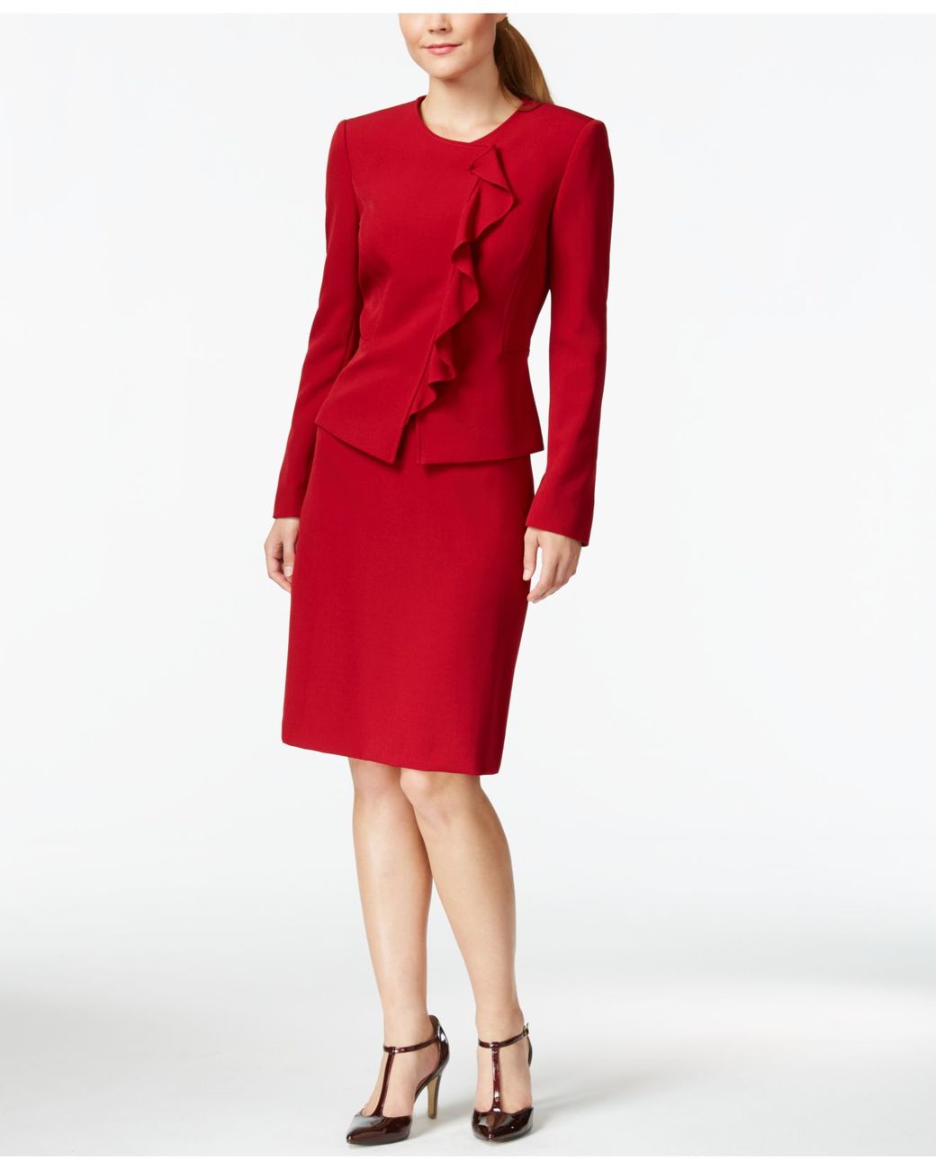 Tahari Ruffle-trim Peplum Skirt Suit in Red | Lyst