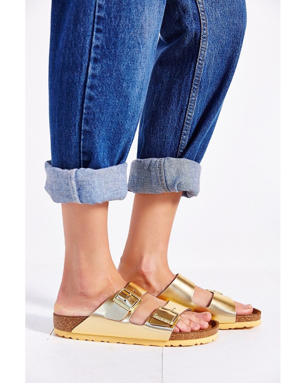 Birkenstock Arizona Soft Footbed Gold Metallic Slide Sandal | Lyst