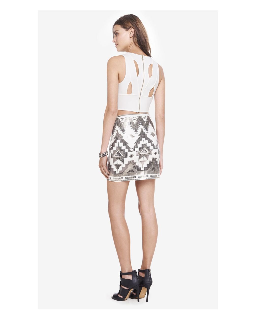 Silver Aztec Sequin Mini Skirt 