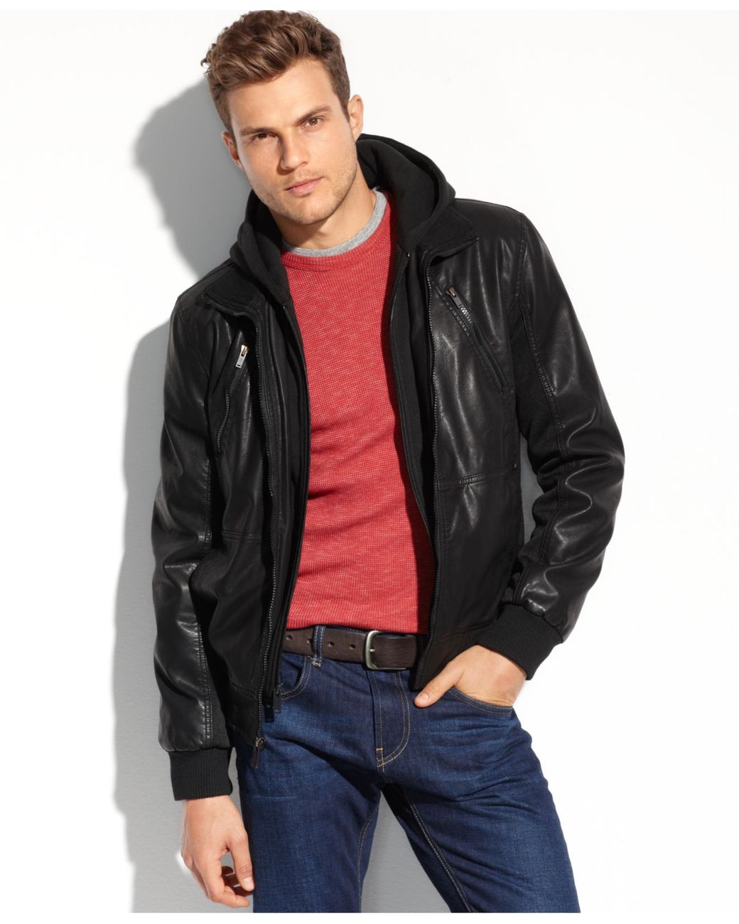 Guess Faux Leather Hooded Bomber in Black for Men | Lyst