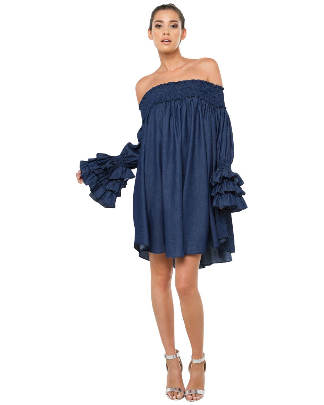 Gracia Off Shoulder Dark Denim Mini Dress in Blue | Lyst