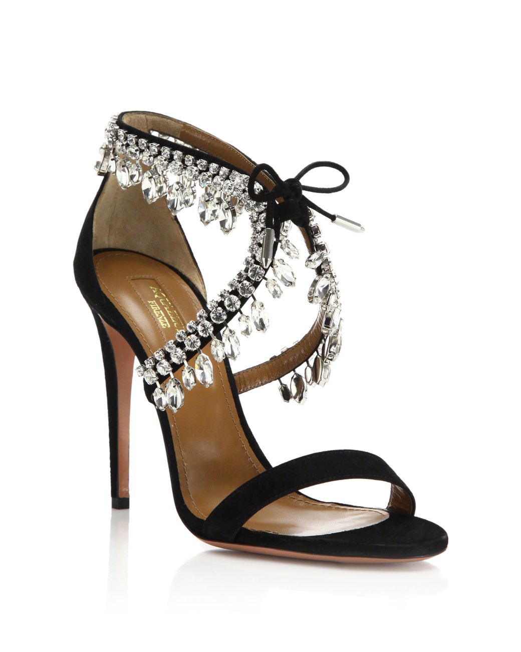 Aquazzura Milla Crystal Fringe Suede Sandals in Black | Lyst