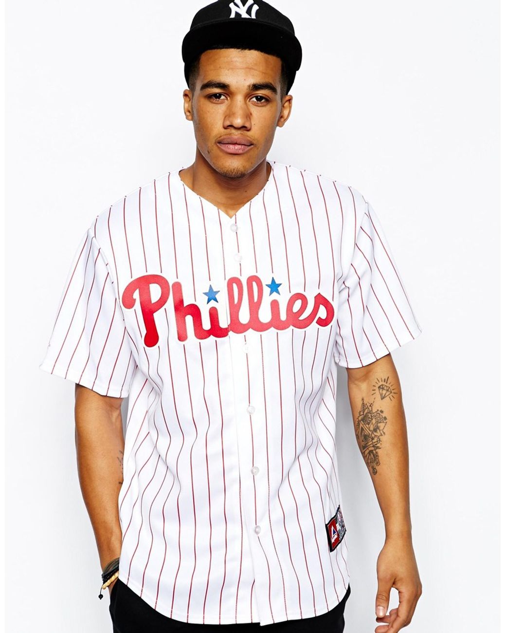 Majestic Philadelphia Phillies Stripe Baseball Jersey in White for Men