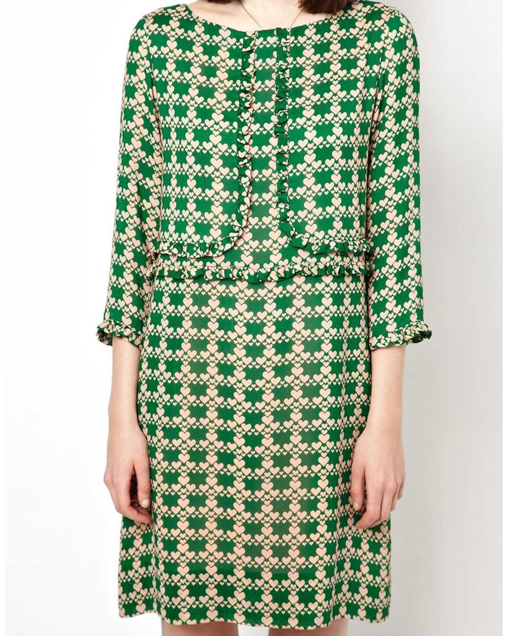 green emerald velvet dress Green Heart Deco Puff Sleeve Organic Cotton Mini Dress main image 1