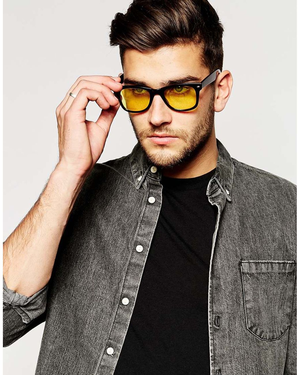 ASOS Square Sunglasses With Yellow Lens in Black for Men Lyst