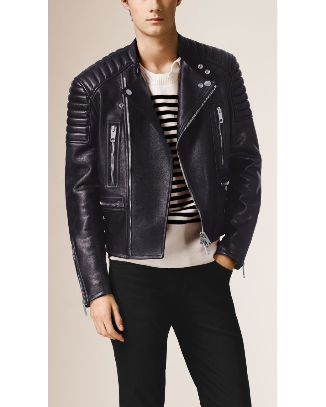 Burberry Leather Biker Jacket in Blue for Men | Lyst