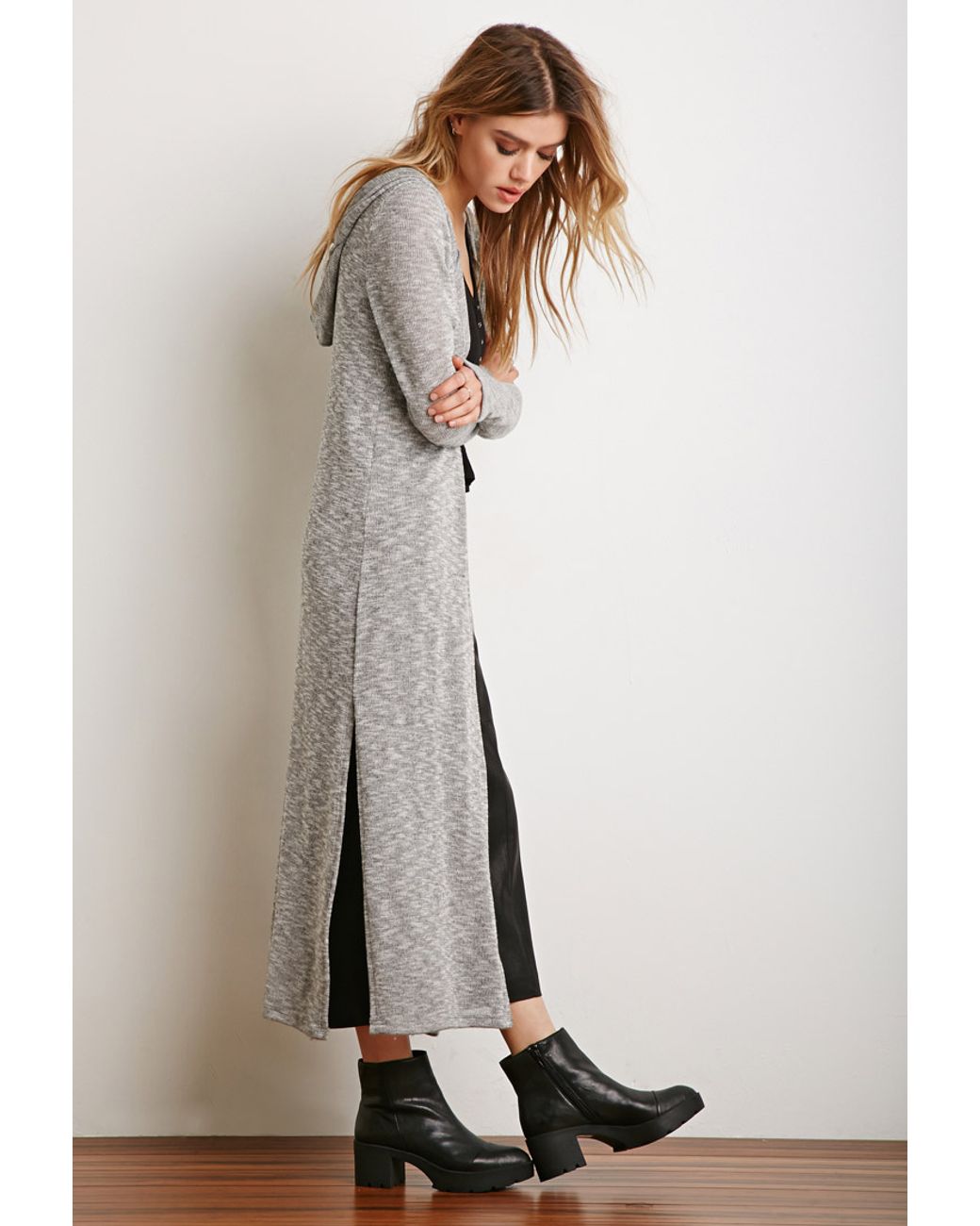 Forever 21 Hooded Maxi Cardigan in Grey 