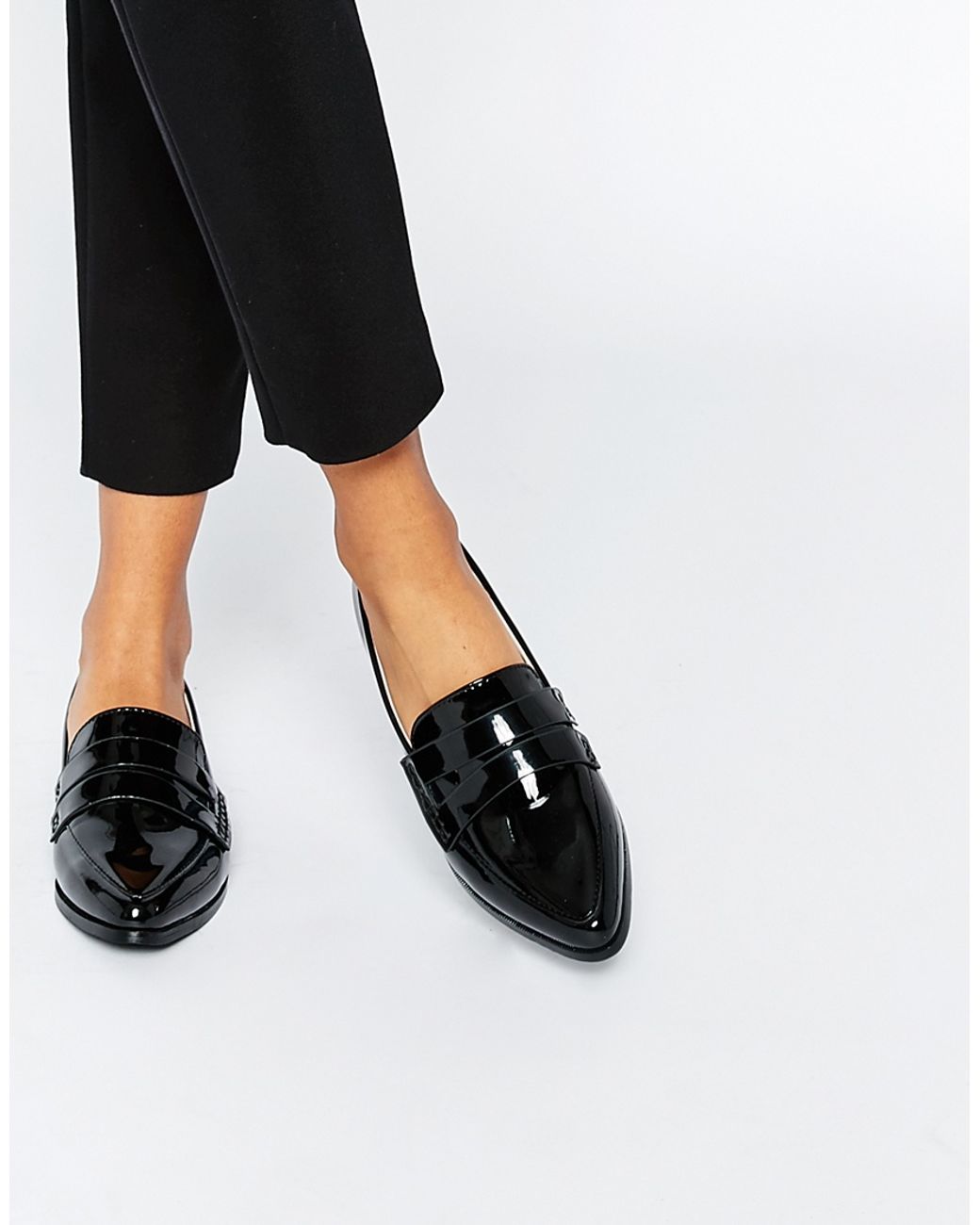 Daisy Street Patent Pointed Toe Loafer Flat Shoes in Black Lyst