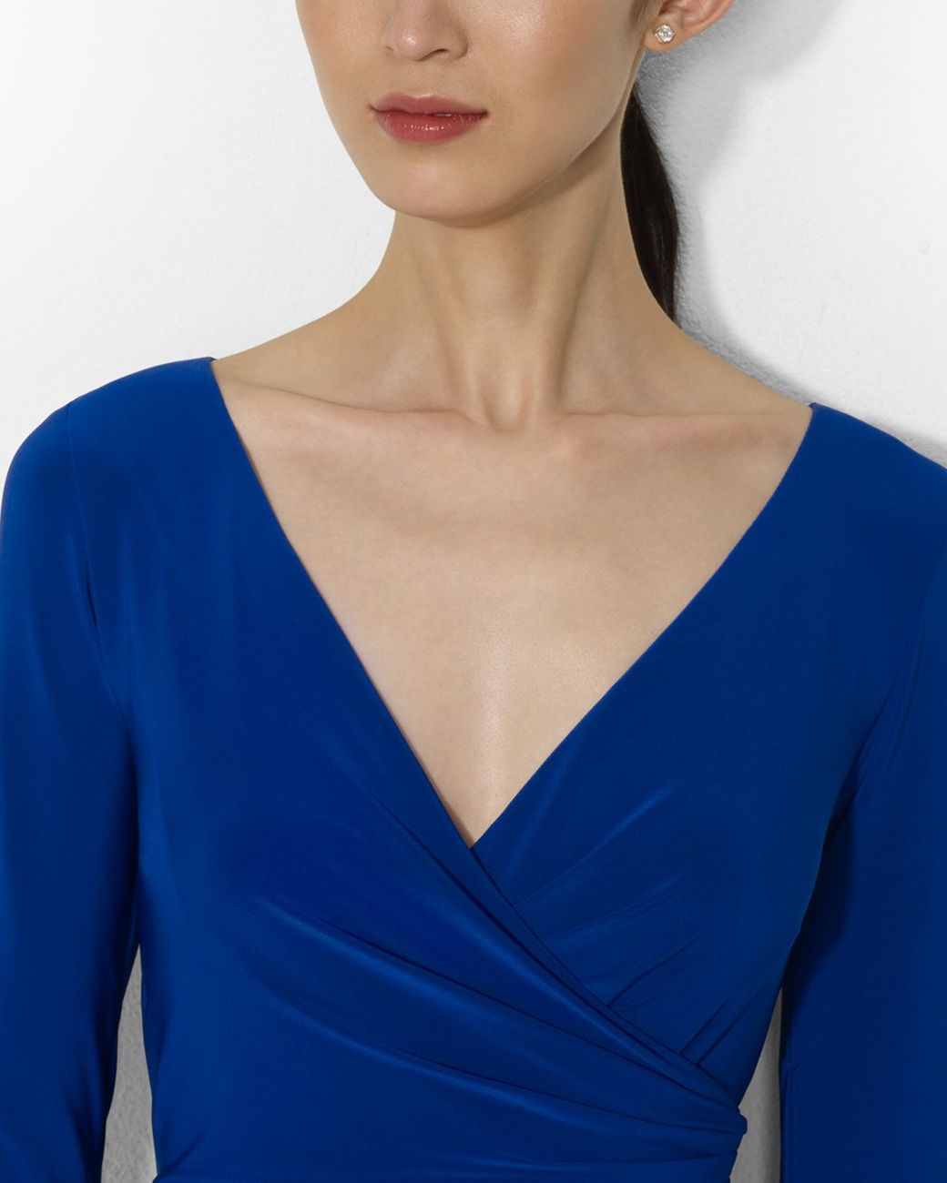 Ralph Lauren Lauren Dress V Neck Three Quarter Sleeve Jersey in Blue | Lyst