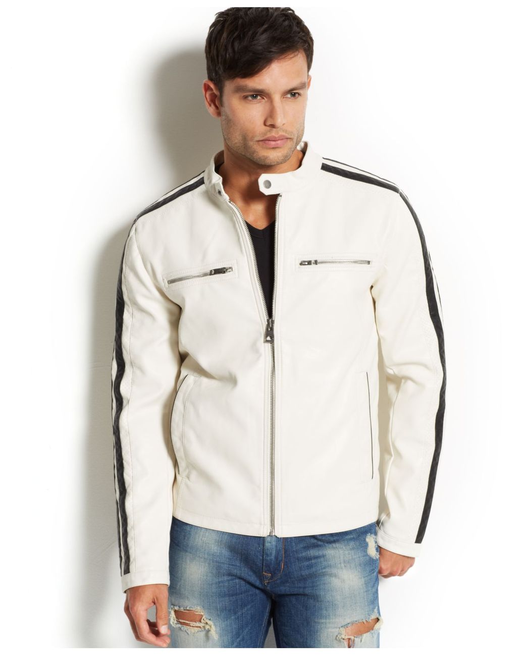 Guess Faux-Leather Moto Jacket in White for Men | Lyst