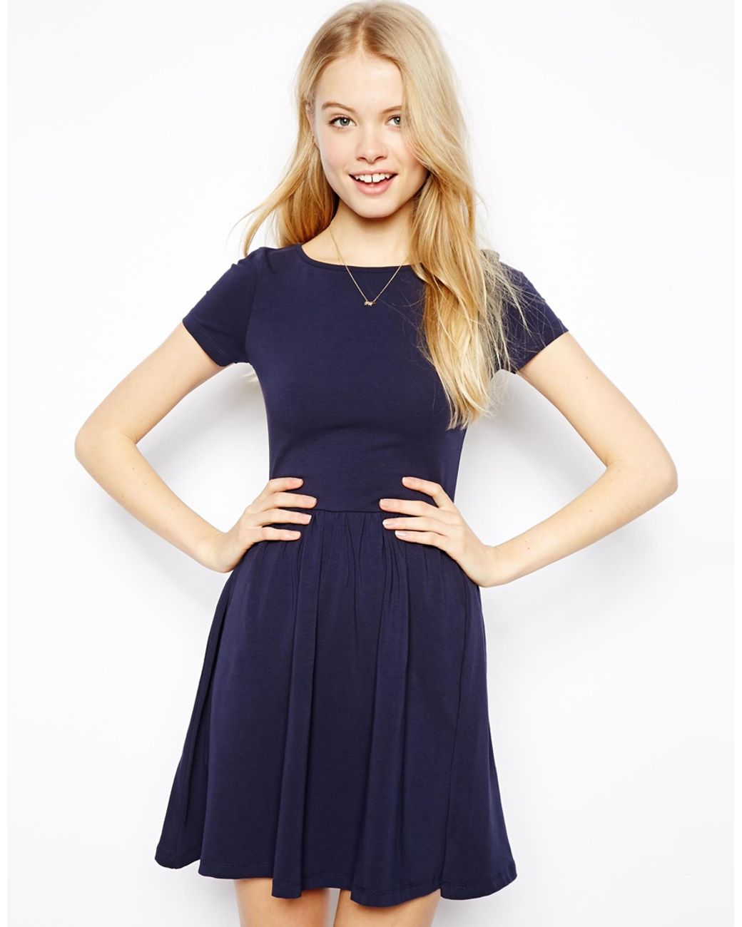 ASOS Skater Dress With Slash Neck And Short Sleeves in Blue | Lyst