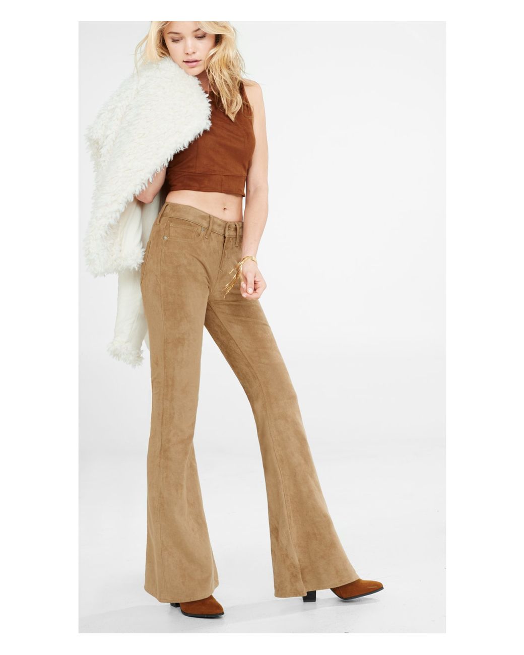 Express Camel Faux Suede Flare Pant in 