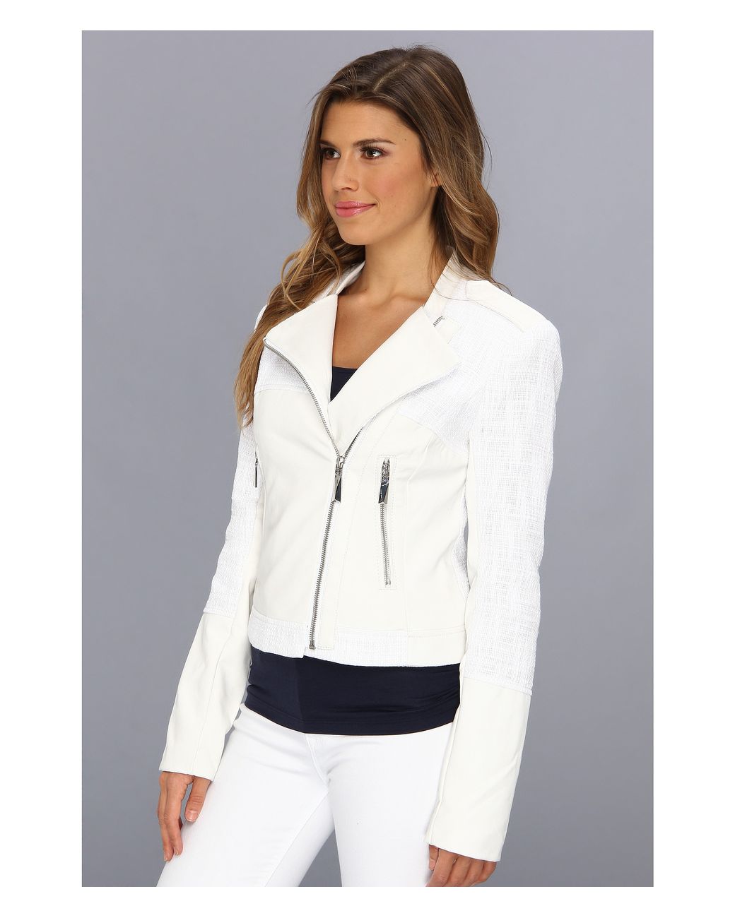 Vince Camuto Faux Leather & Tweed Moto Jacket F8131 in White | Lyst