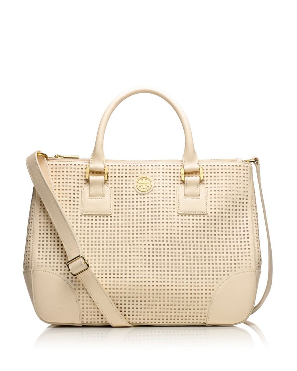 Tory Burch Robinson Perforated Double Zip Tote in Natural | Lyst