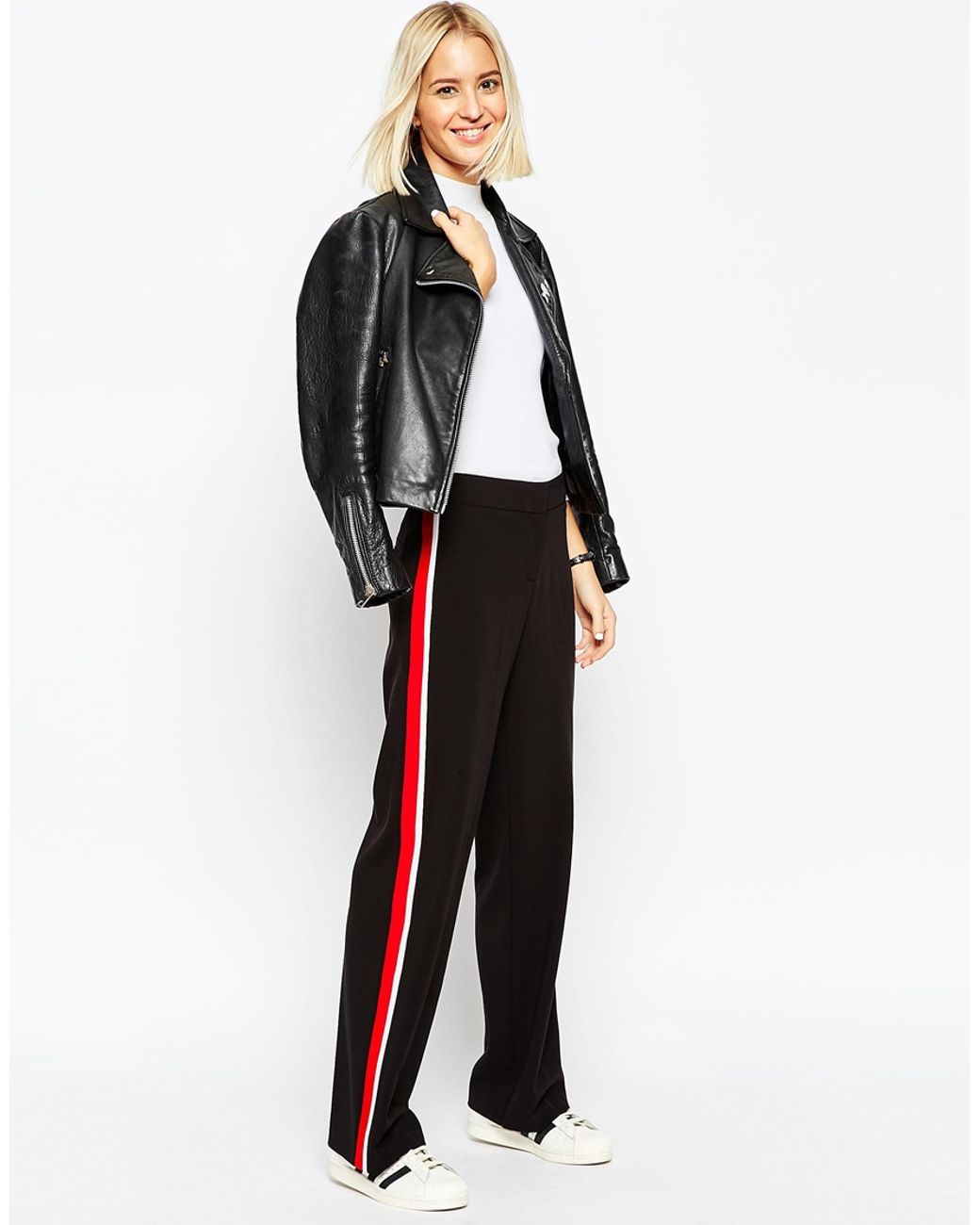 Black wide leg clearance trousers with side stripe
