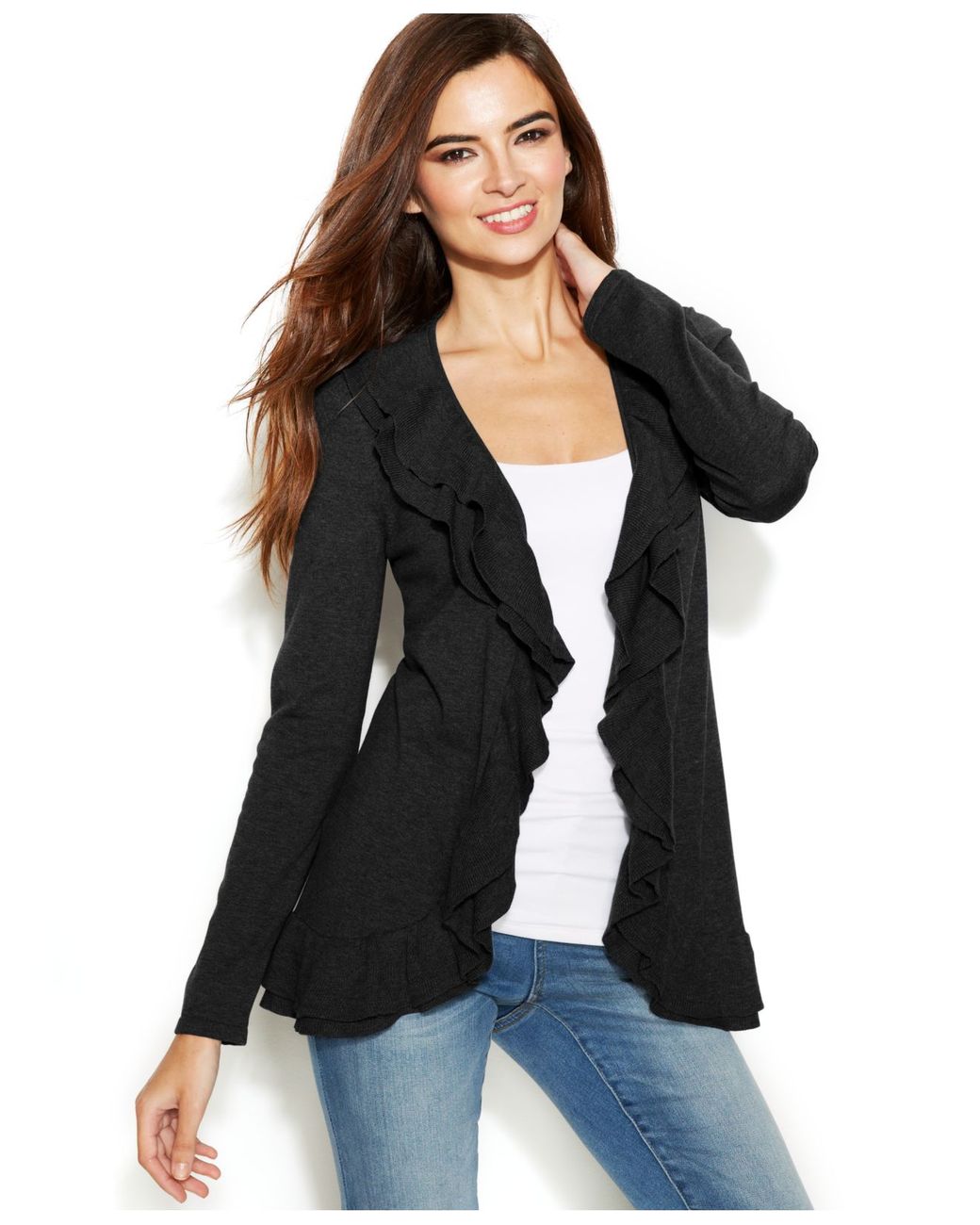 INC International Concepts Ruffle-Trim Open-Front Cardigan in Black | Lyst
