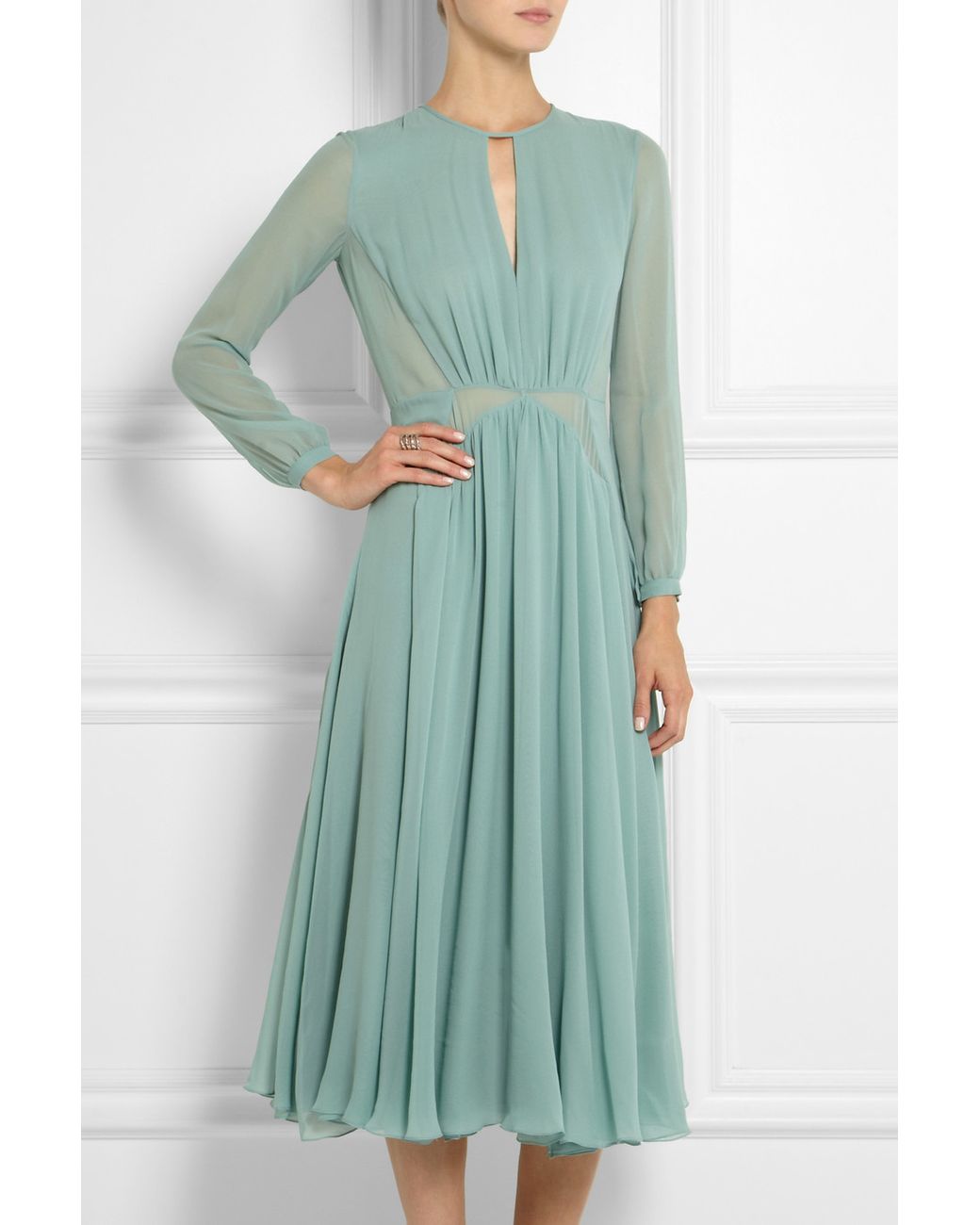 Burberry Prorsum Silk Chiffon Midi Dress in Green | Lyst