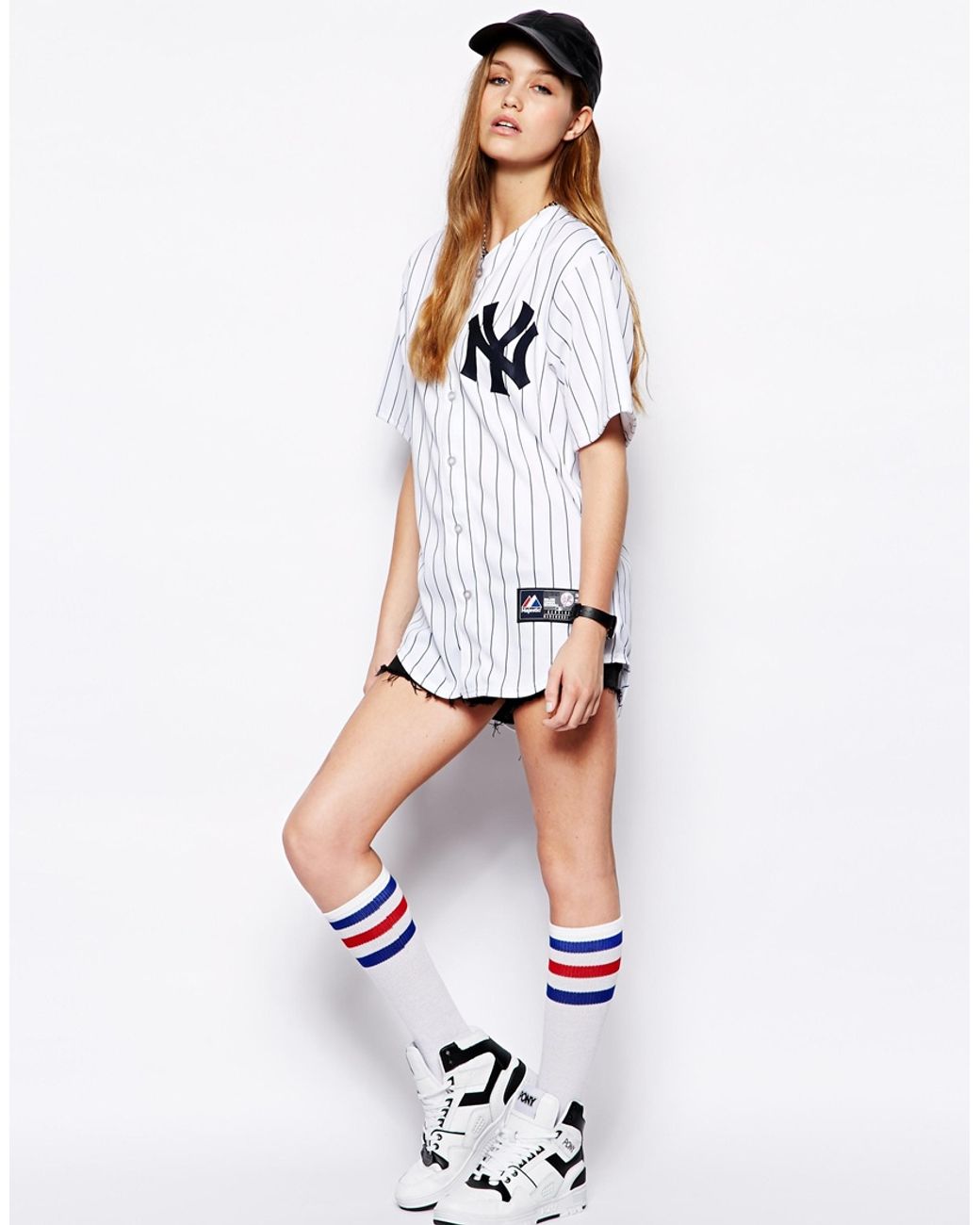 Majestic Nyc Baseball Jersey Shirt with Stripe Print in White