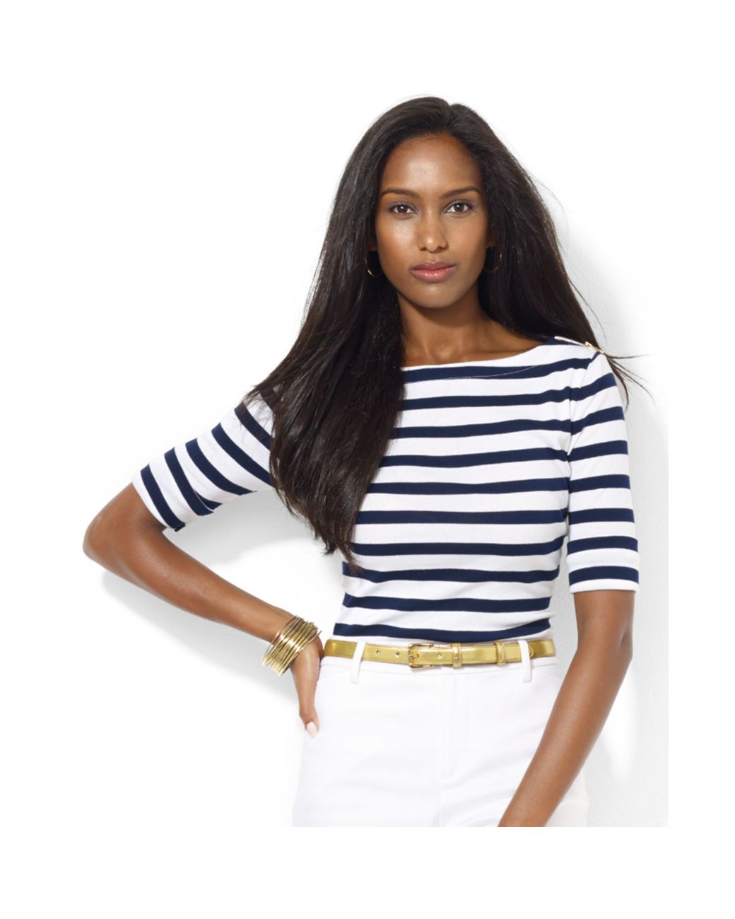 Lauren by Ralph Lauren Petite Striped Half Sleeve Boat Neck Top in