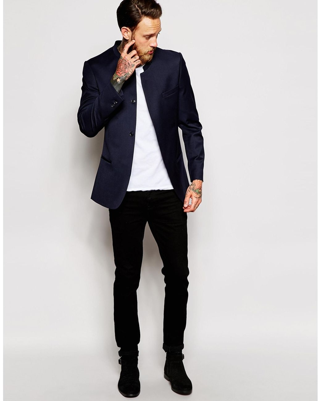 Mandarin collar shirt store and blazer