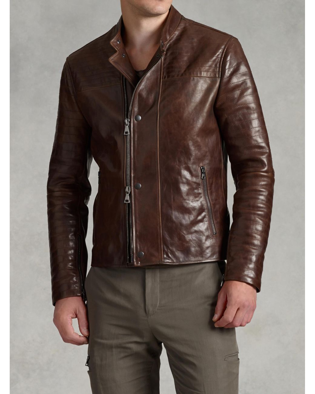 John Varvatos Leather Biker Jacket in Brown for Men Lyst