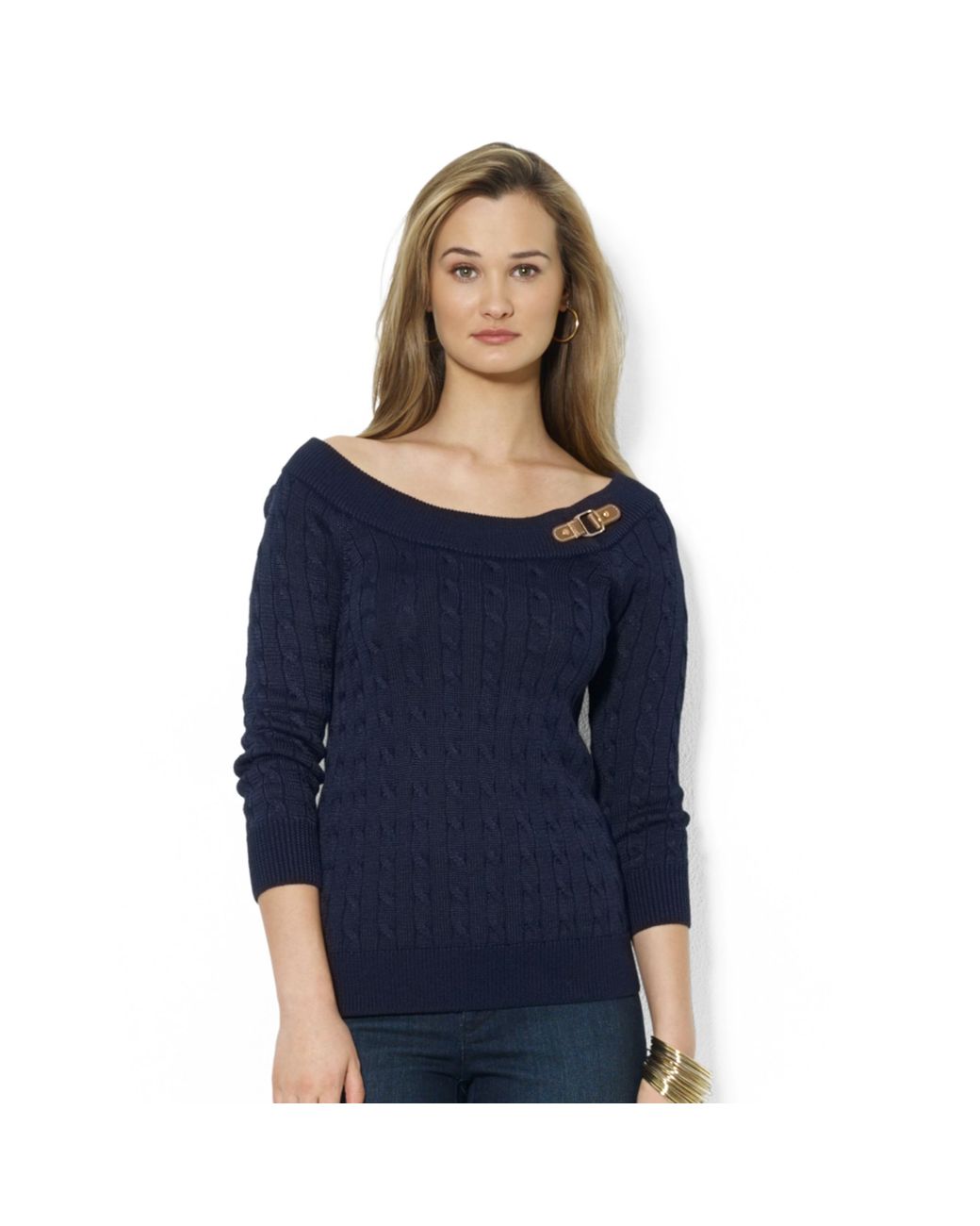 Lauren by Ralph Lauren Petite Cableknit Buckle Boatneck Sweater in Blue